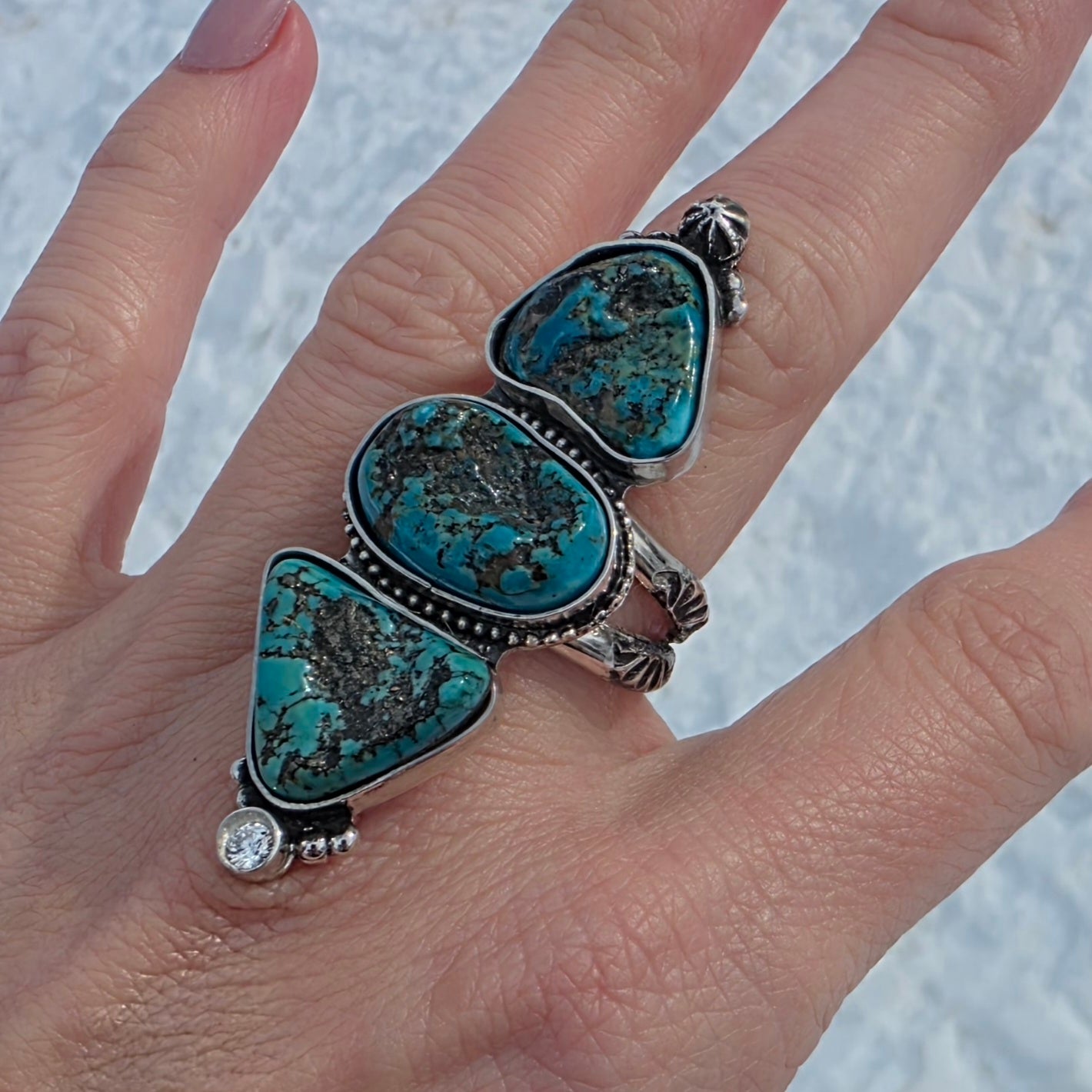 Turquoise Nugget, CZ  and Wide Double Stamped Band Ring