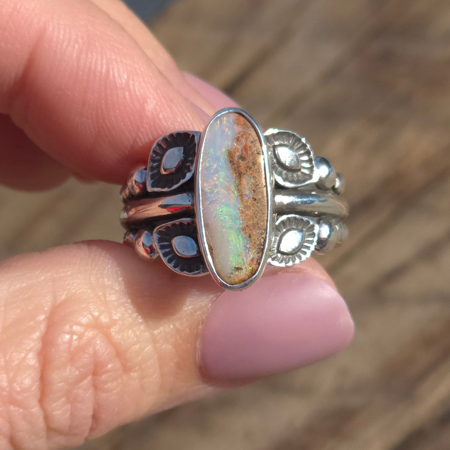 Sz. 7.5 Australian Opal Ring with Unique Handmade Stamped Band
