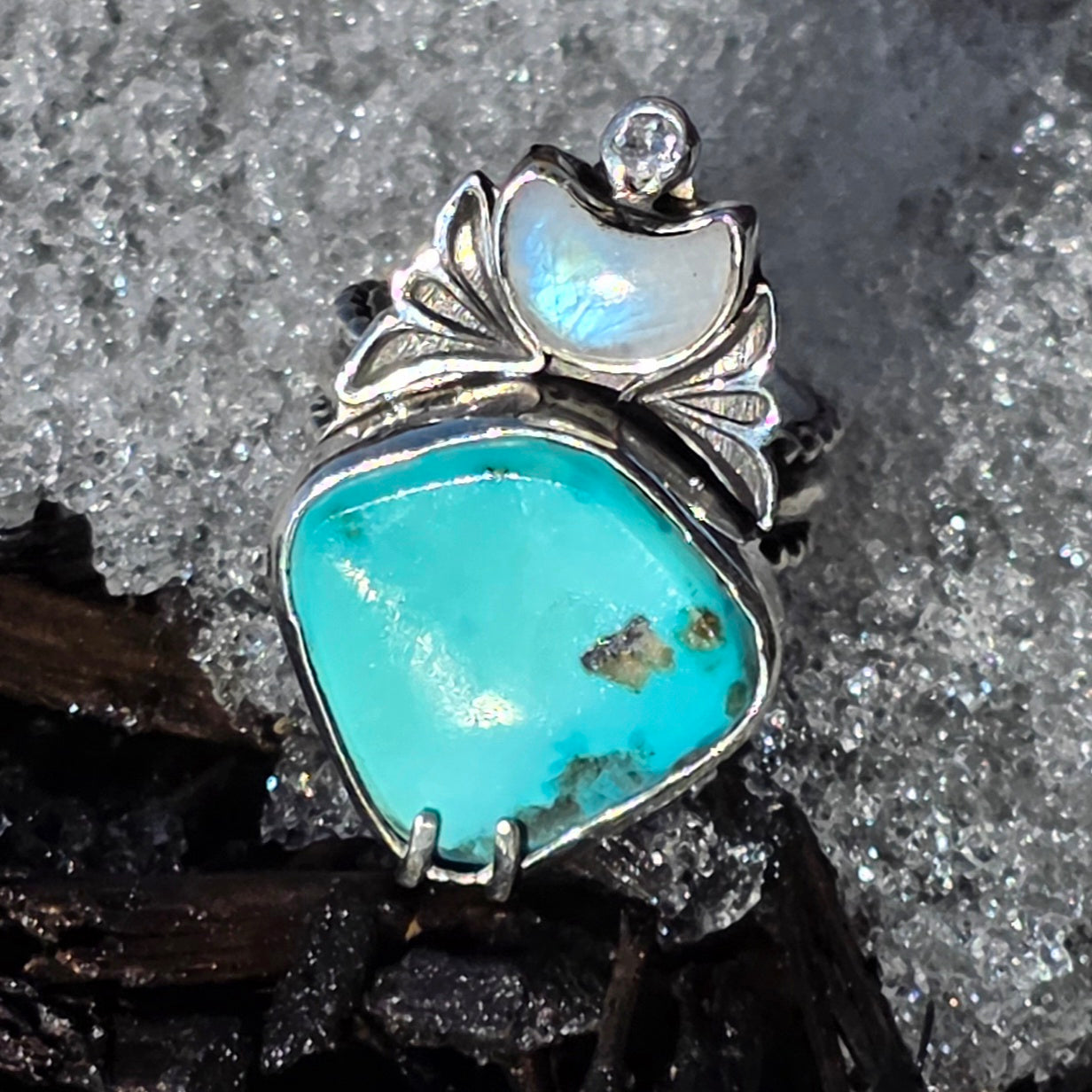 Turquoise,  moonstone, cubic zirconia and Stamped Sterling Ring Sz 7.5