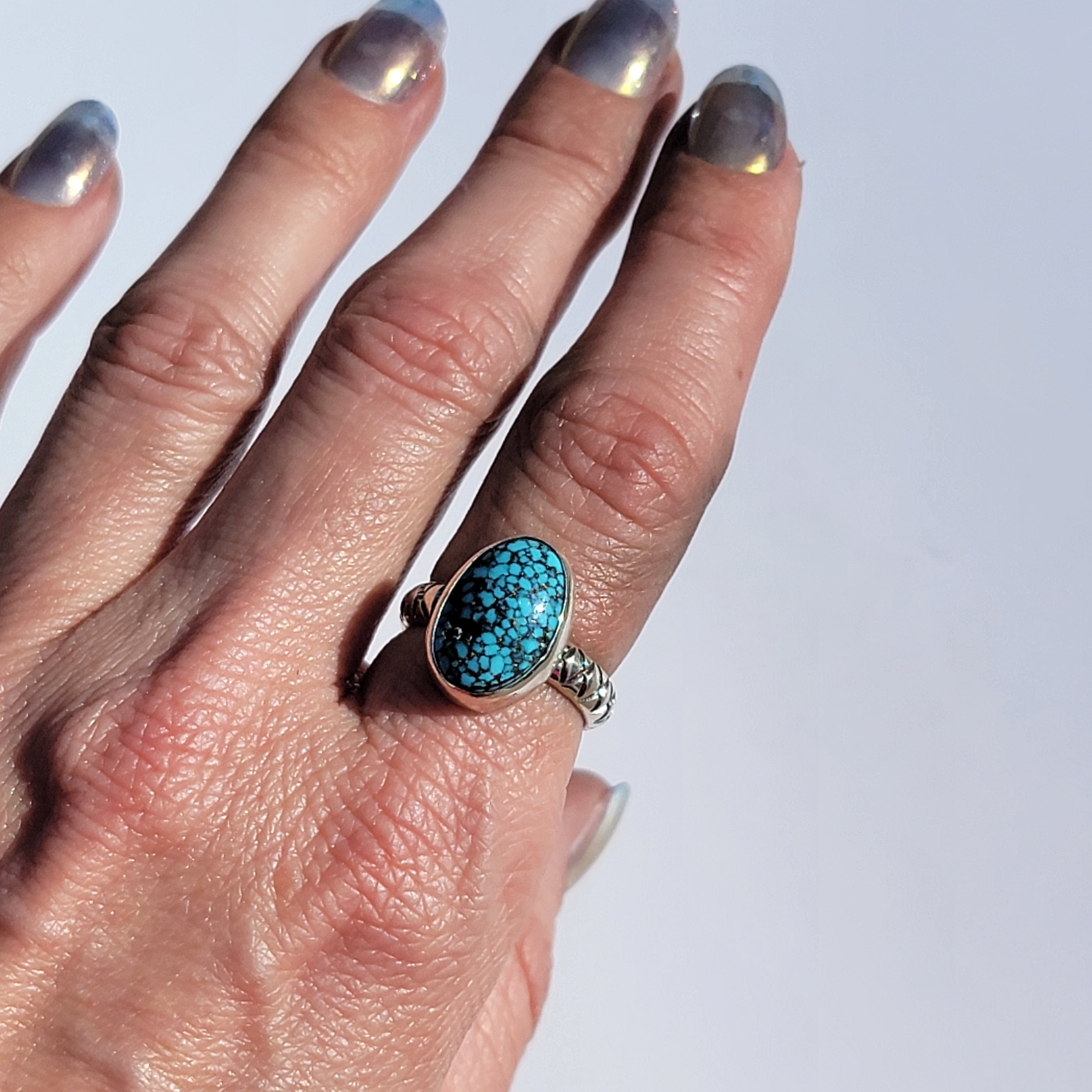 Sz. 7  Kingman Black Web Turquoise and Stamped Details Sterling Ring