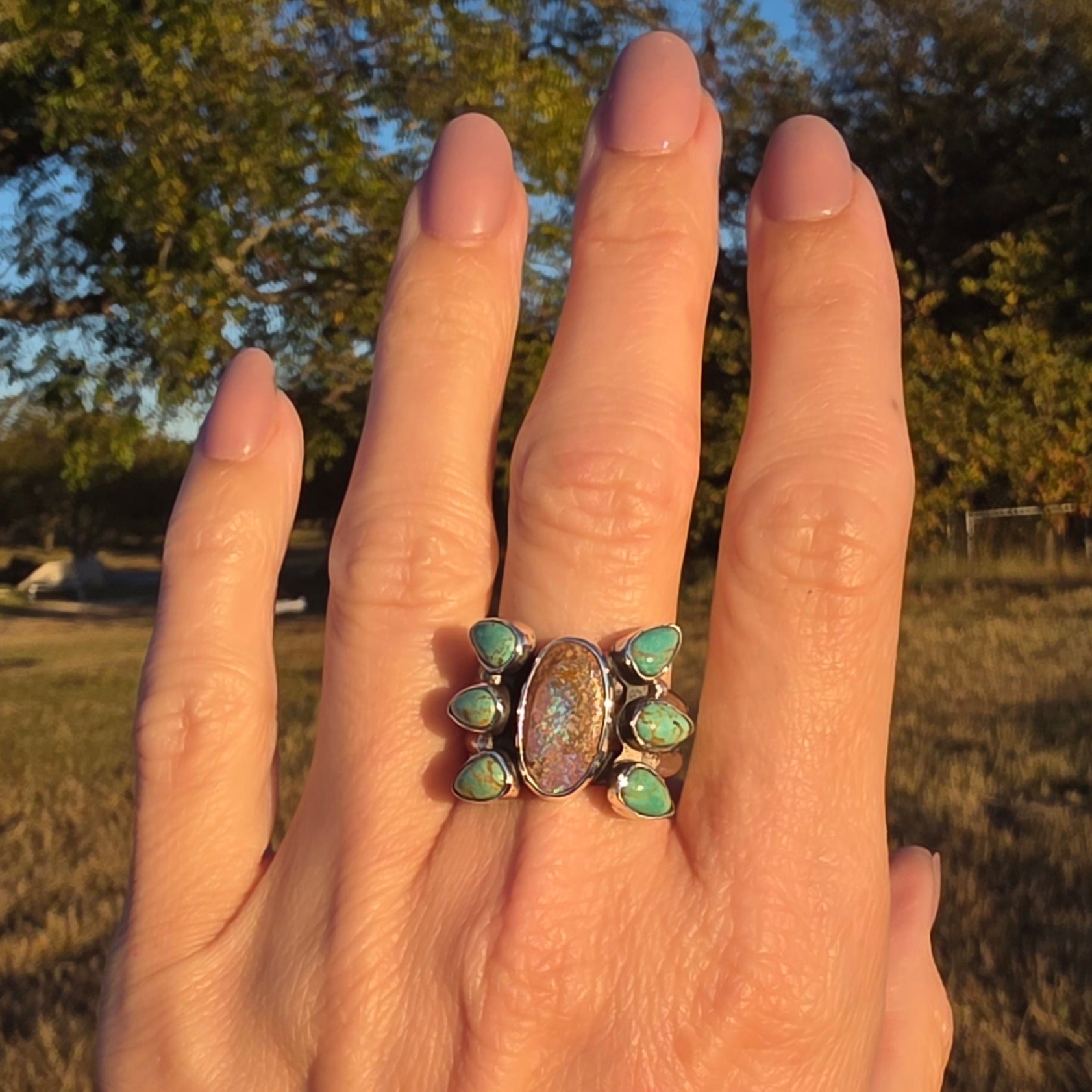 Sz. 7.5 Australian Opal and Royston Turquoise Ring