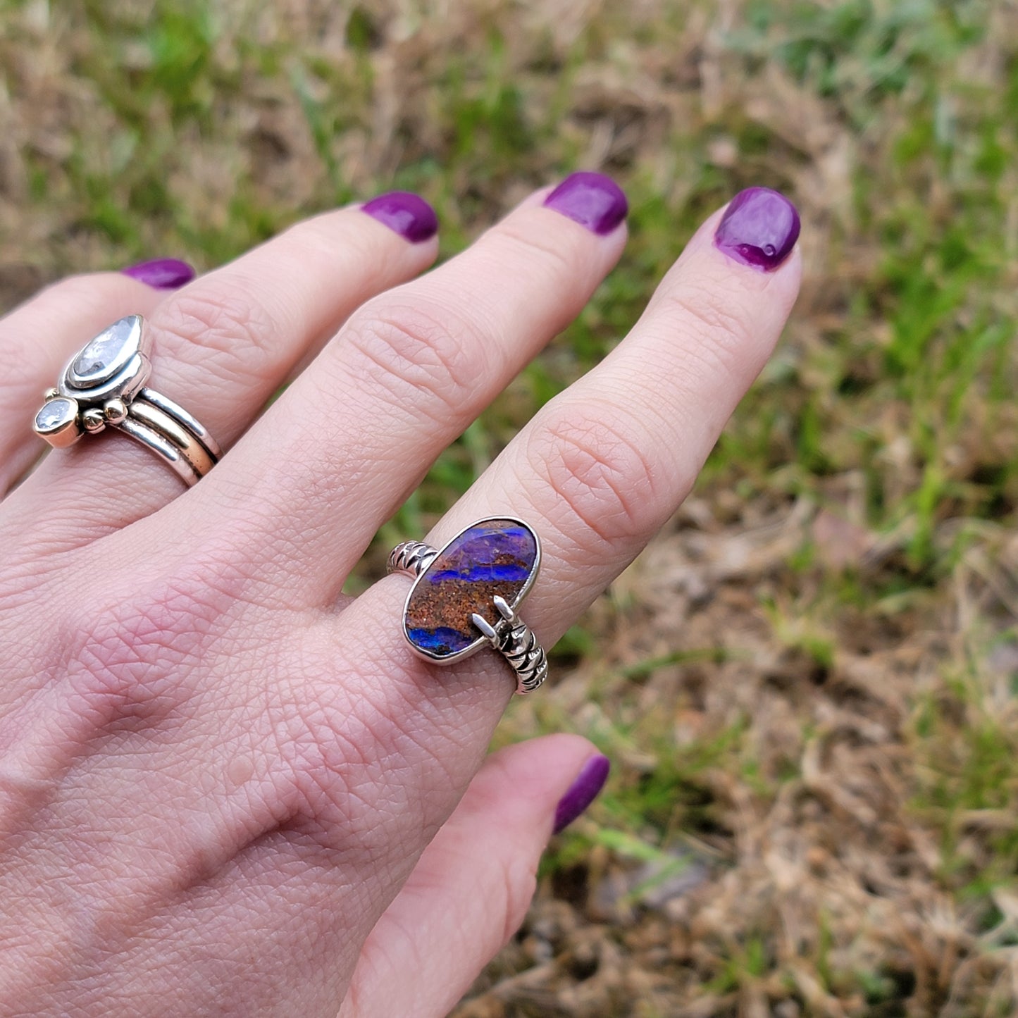 Sz. 8 Australian Boulder Opal and Stamped Band Ring