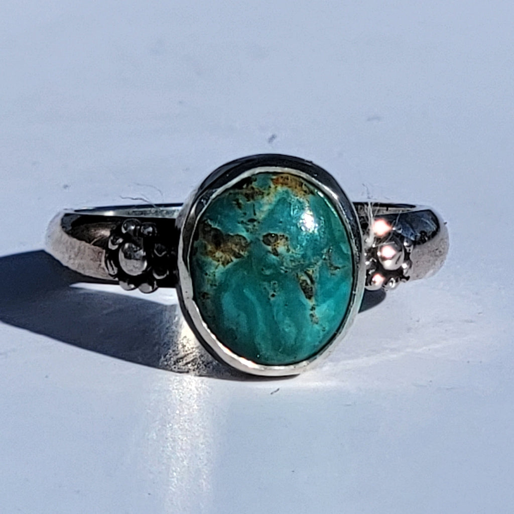 Sz. 9 Royston Turquoise and Stamped Details Sterling Ring