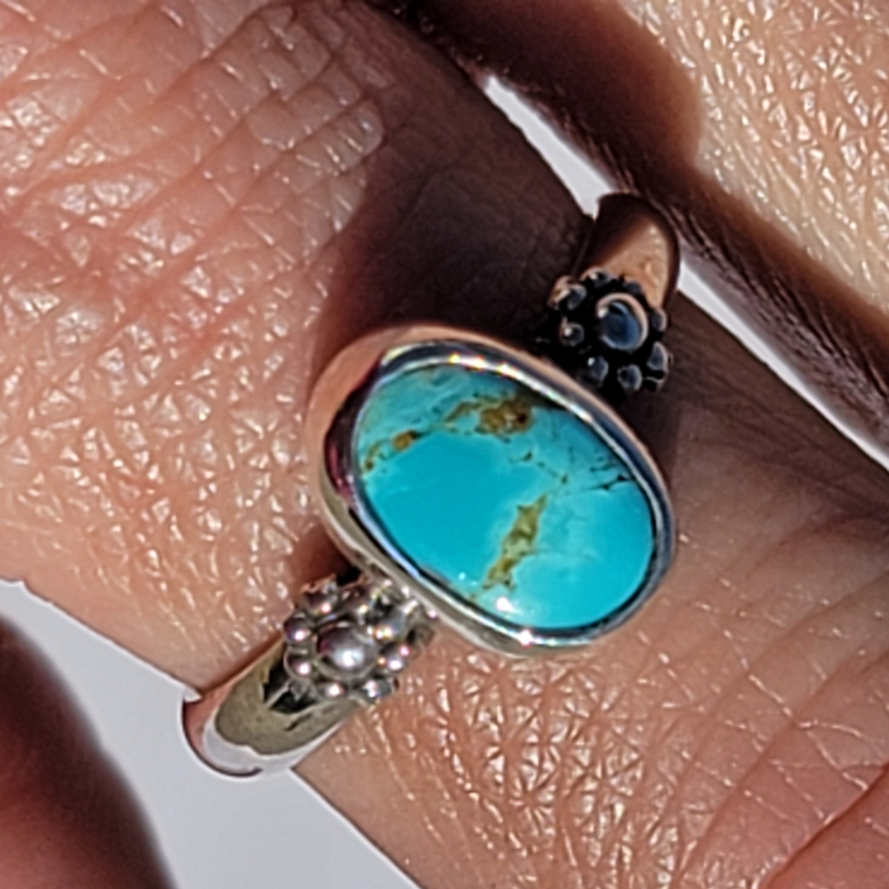 Sz. 9 Royston Turquoise and Stamped Details Sterling Ring