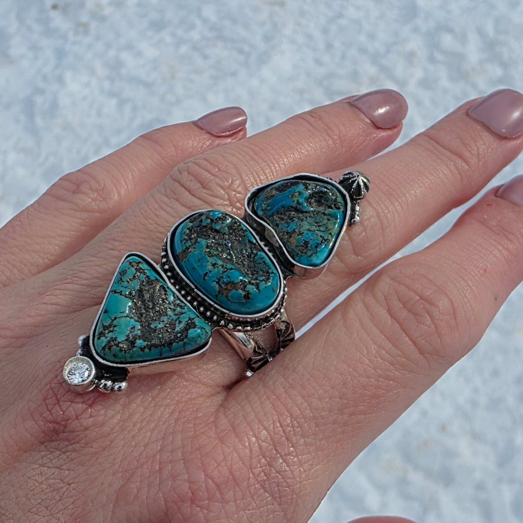 Turquoise Nugget, CZ  and Wide Double Stamped Band Ring