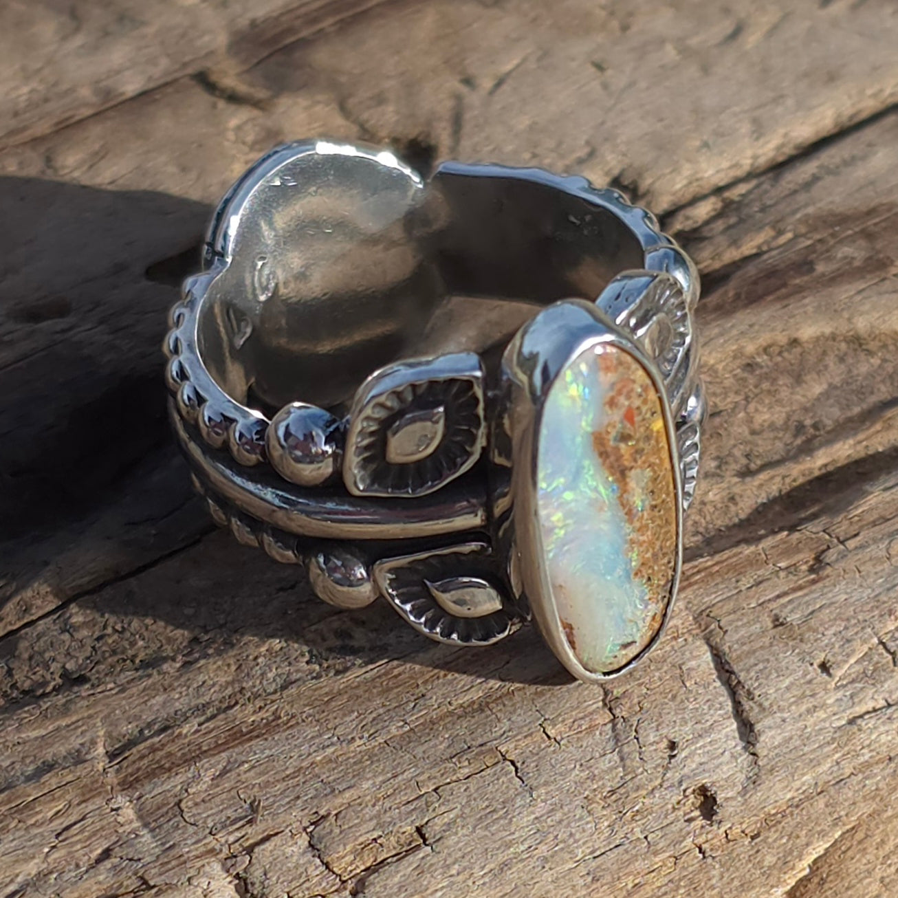 Sz. 7.5 Australian Opal Ring with Unique Handmade Stamped Band