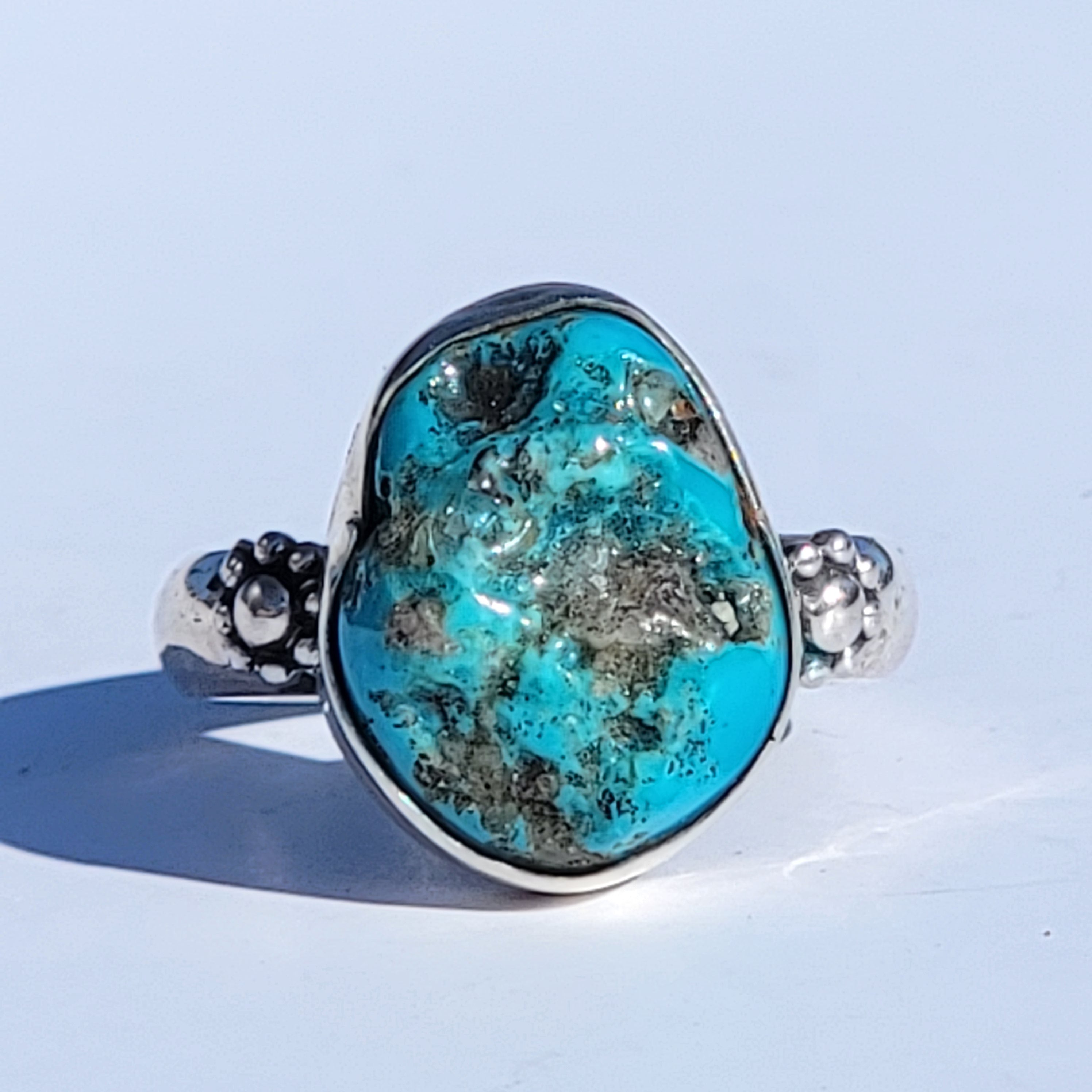 Sz. 6 Turquoise Nugget and Stamped Details Sterling Ring