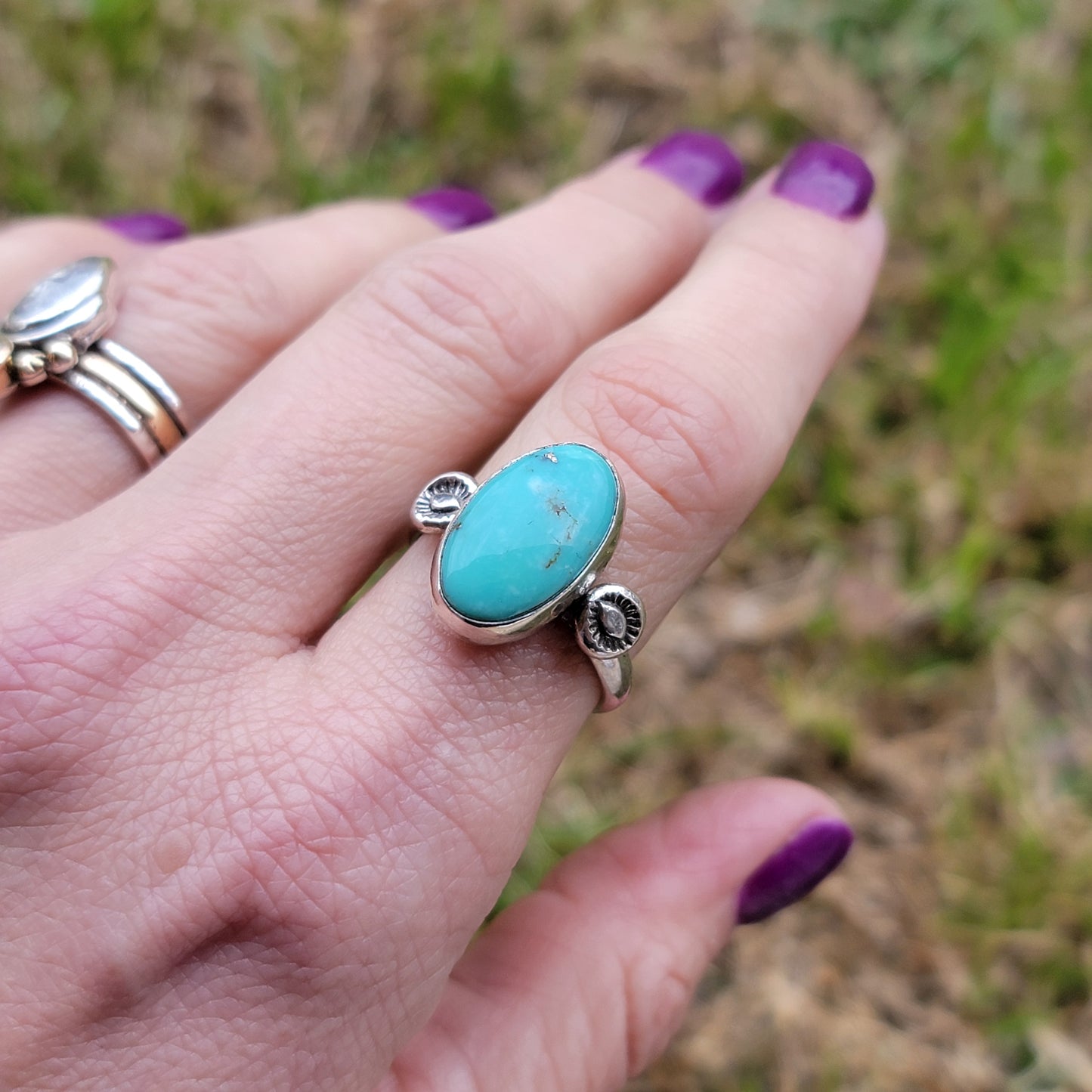 Sz. 9.5 Sonoran Mountain Turquoise and Stamped Details Sterling Ring