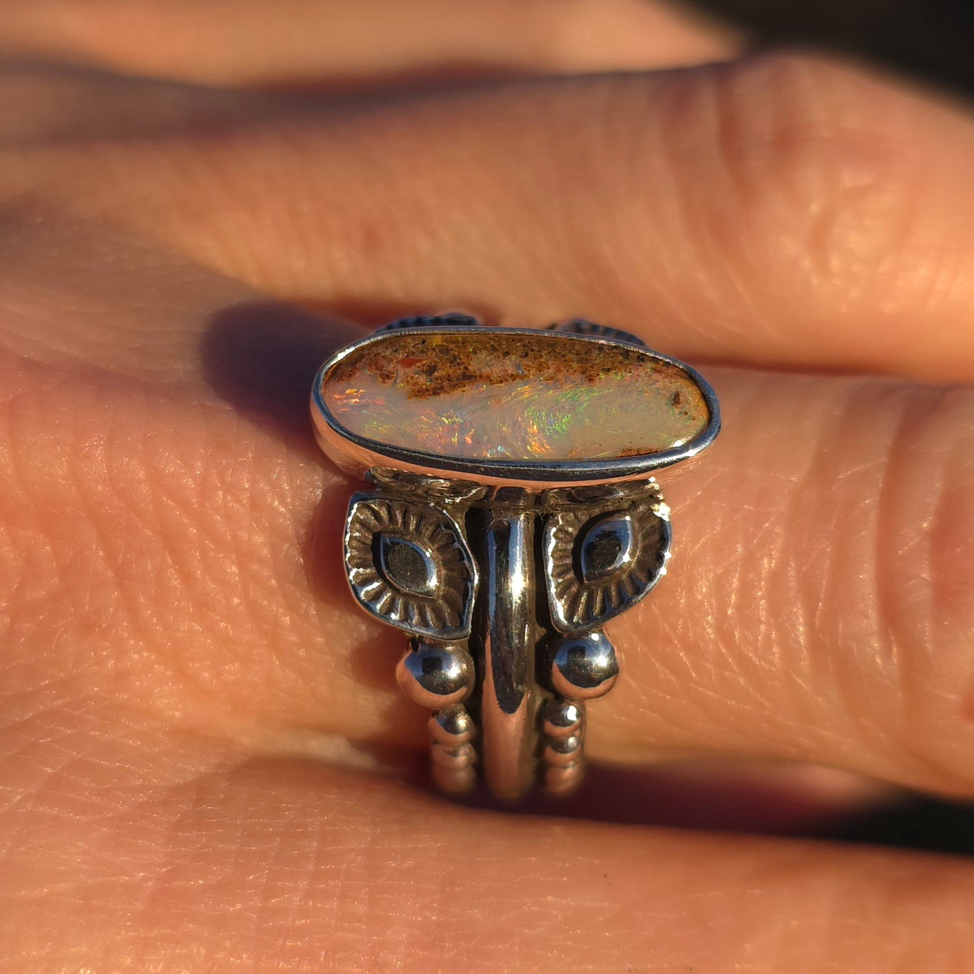 Sz. 7.5 Australian Opal Ring with Unique Handmade Stamped Band