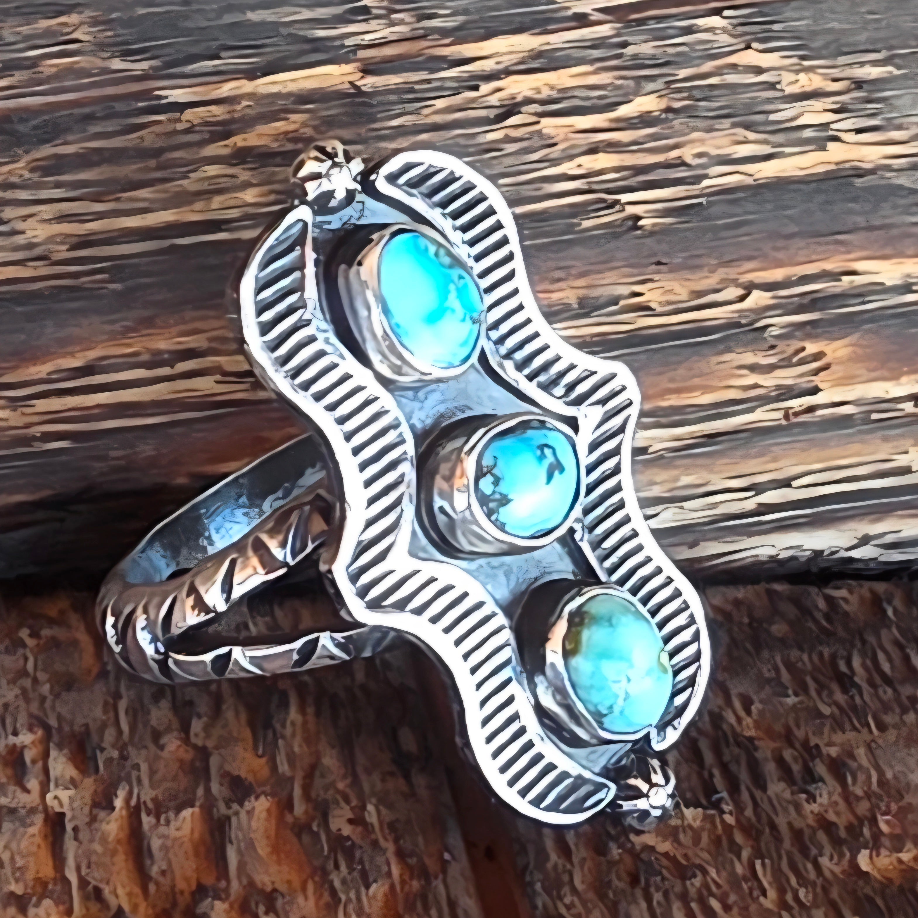 Stepping Stones Ring.     3-Stone Turquoise Nugget and Stamped Sterling Ring Sz 7.5