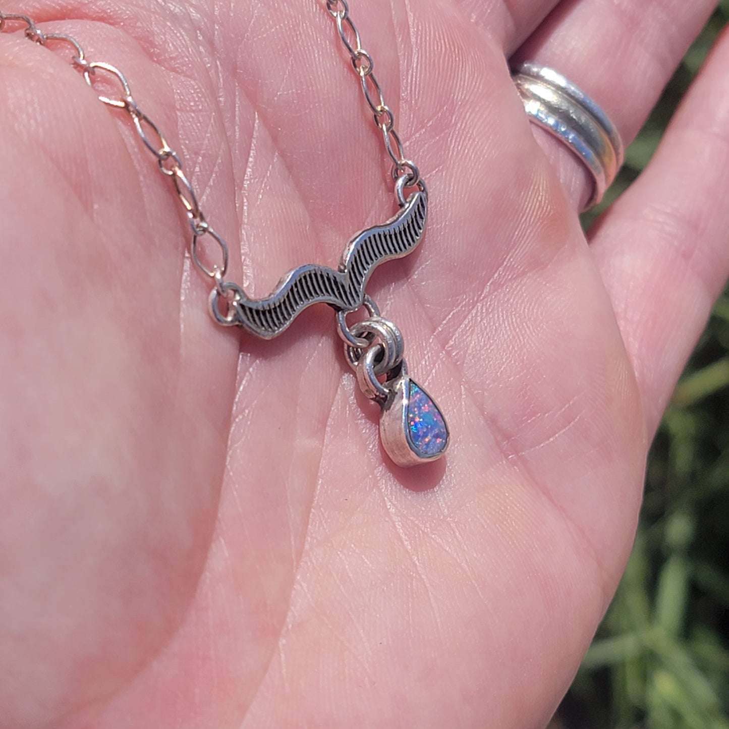 Australian Opal Doublet and Stamped Sterling Choker Pendant Necklace