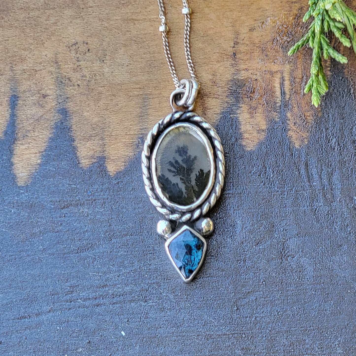 Dentritic  Agate and Rose Cut Kyanite Pendant