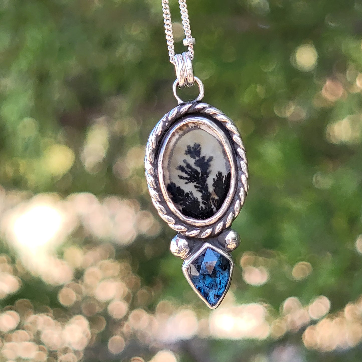 Dentritic  Agate and Rose Cut Kyanite Pendant