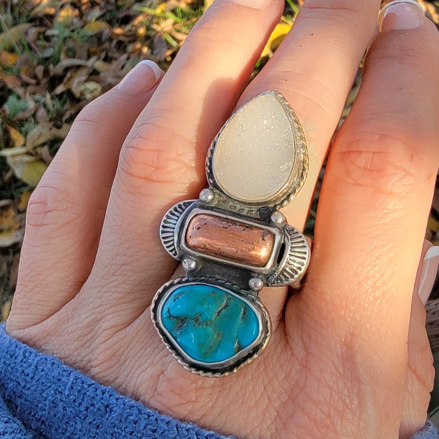 Turquoise Nugget,  Native Copper, and druzy Quartz and Wide Double Stamped Band Ring Sz 10-10.25