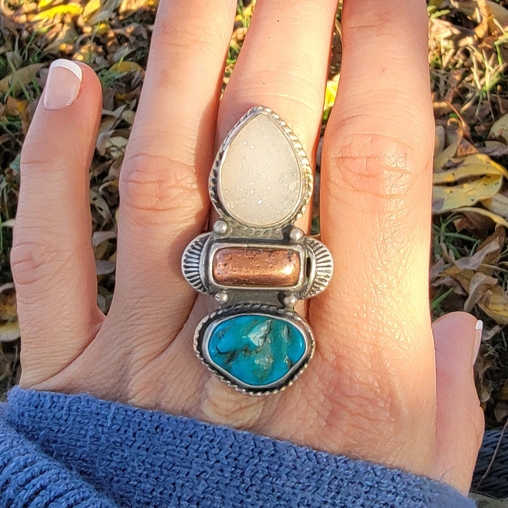 Turquoise Nugget,  Native Copper, and druzy Quartz and Wide Double Stamped Band Ring Sz 10-10.25