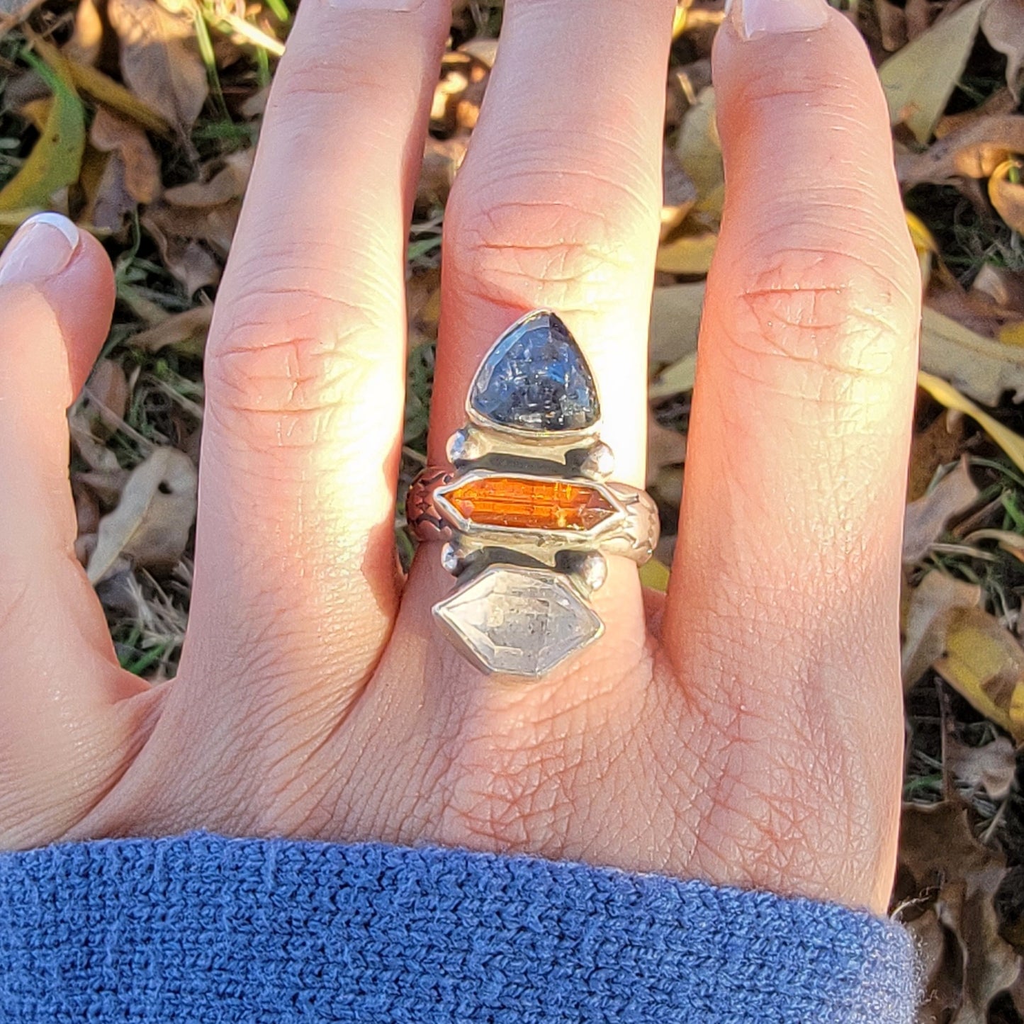 Rosecut Orange and Blue Kyanite, Herkimer Diamond and Wide Stamped Band Ring Size 8