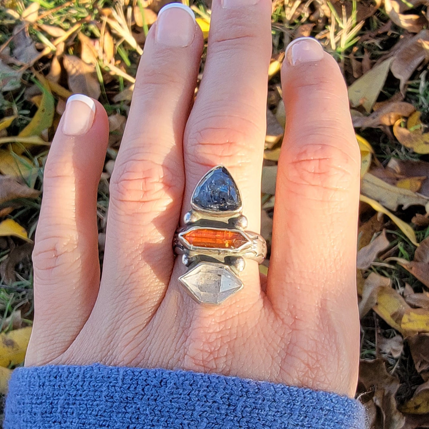 Rosecut Orange and Blue Kyanite, Herkimer Diamond and Wide Stamped Band Ring Size 8