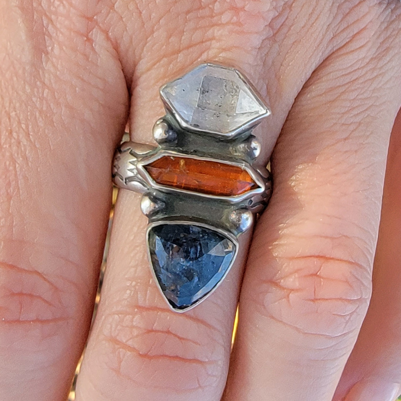 Rosecut Orange and Blue Kyanite, Herkimer Diamond and Wide Stamped Band Ring Size 8