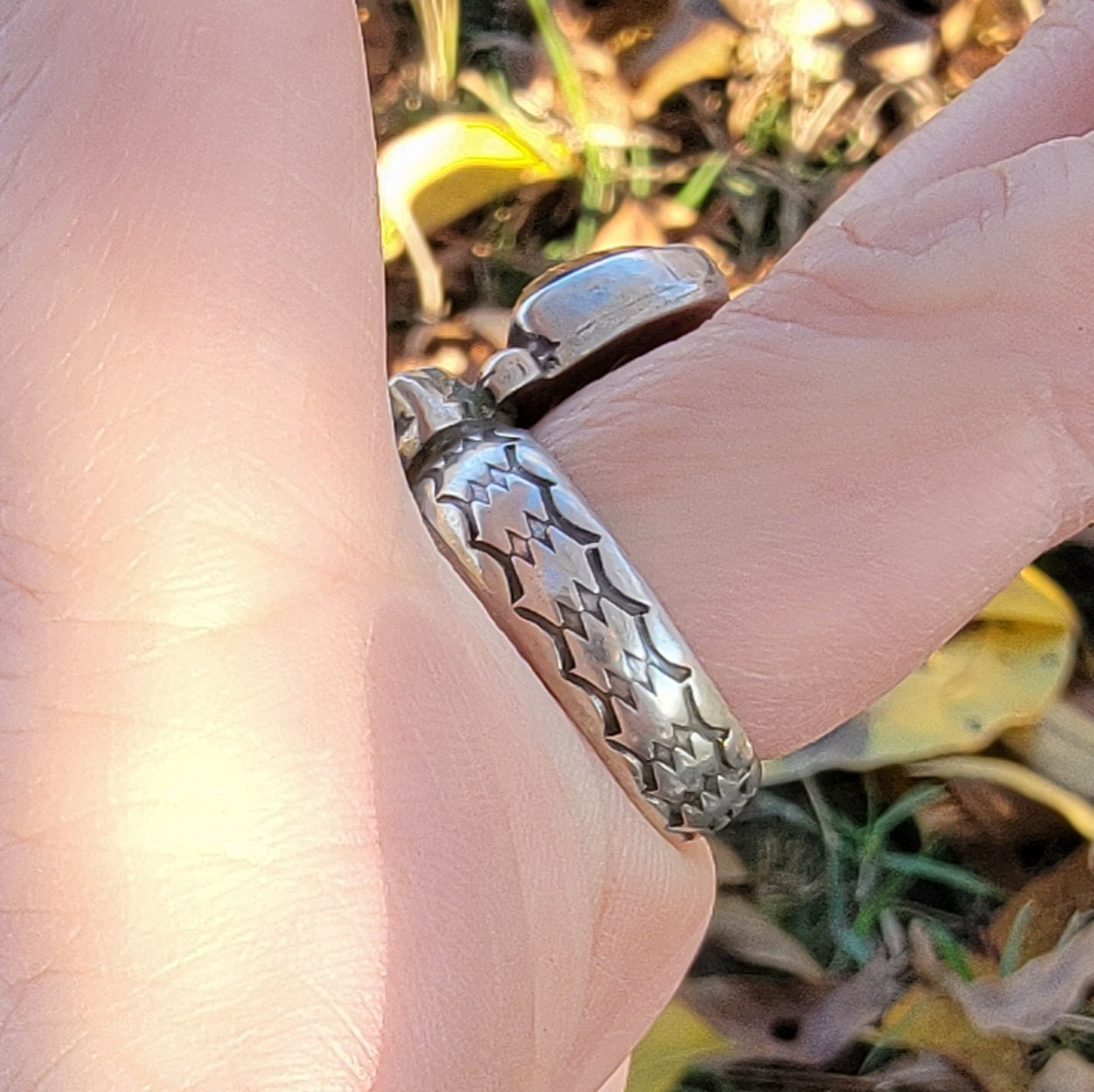 Rosecut Orange and Blue Kyanite, Herkimer Diamond and Wide Stamped Band Ring Size 8