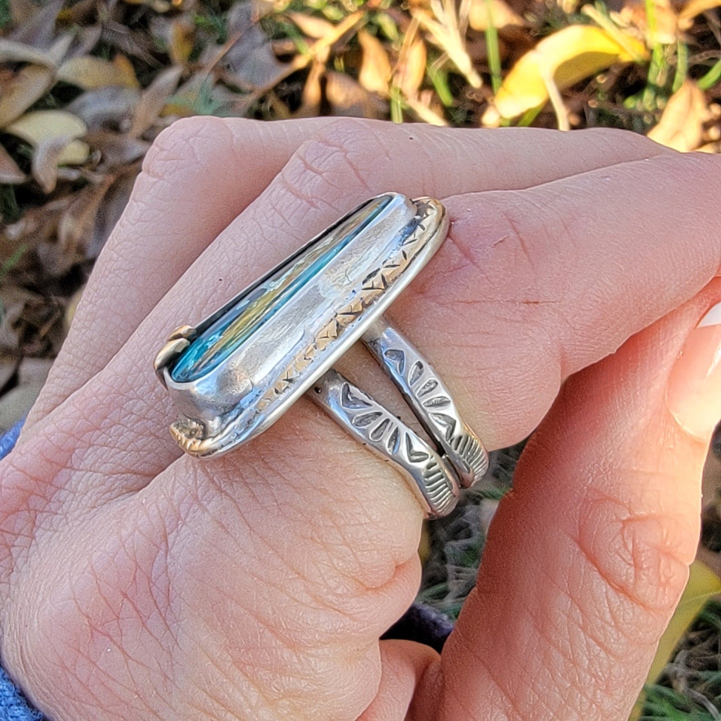 Pilot Mountain Turquoise and Wide Double Stamped Band Ring sz 6.5