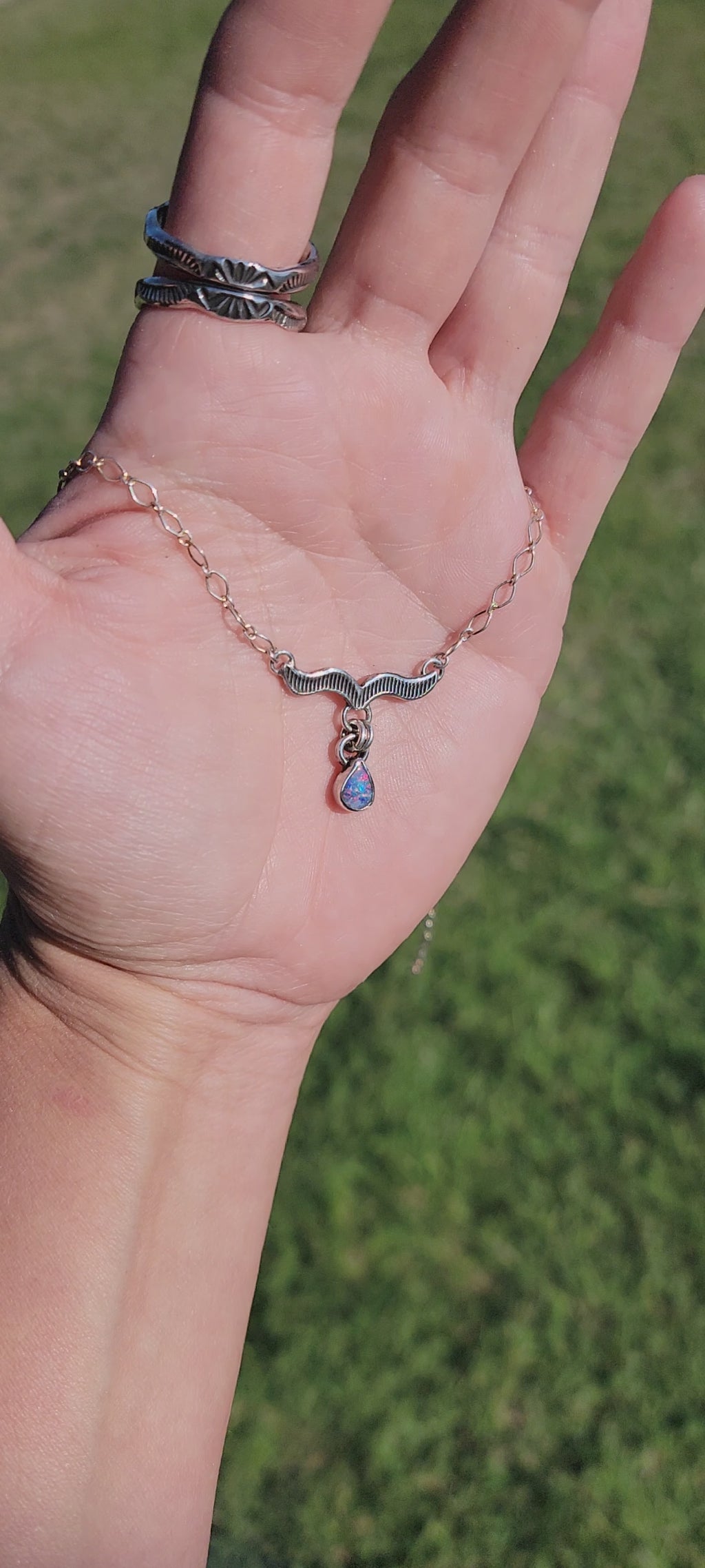 Australian Opal Doublet and Stamped Sterling Choker Pendant Necklace