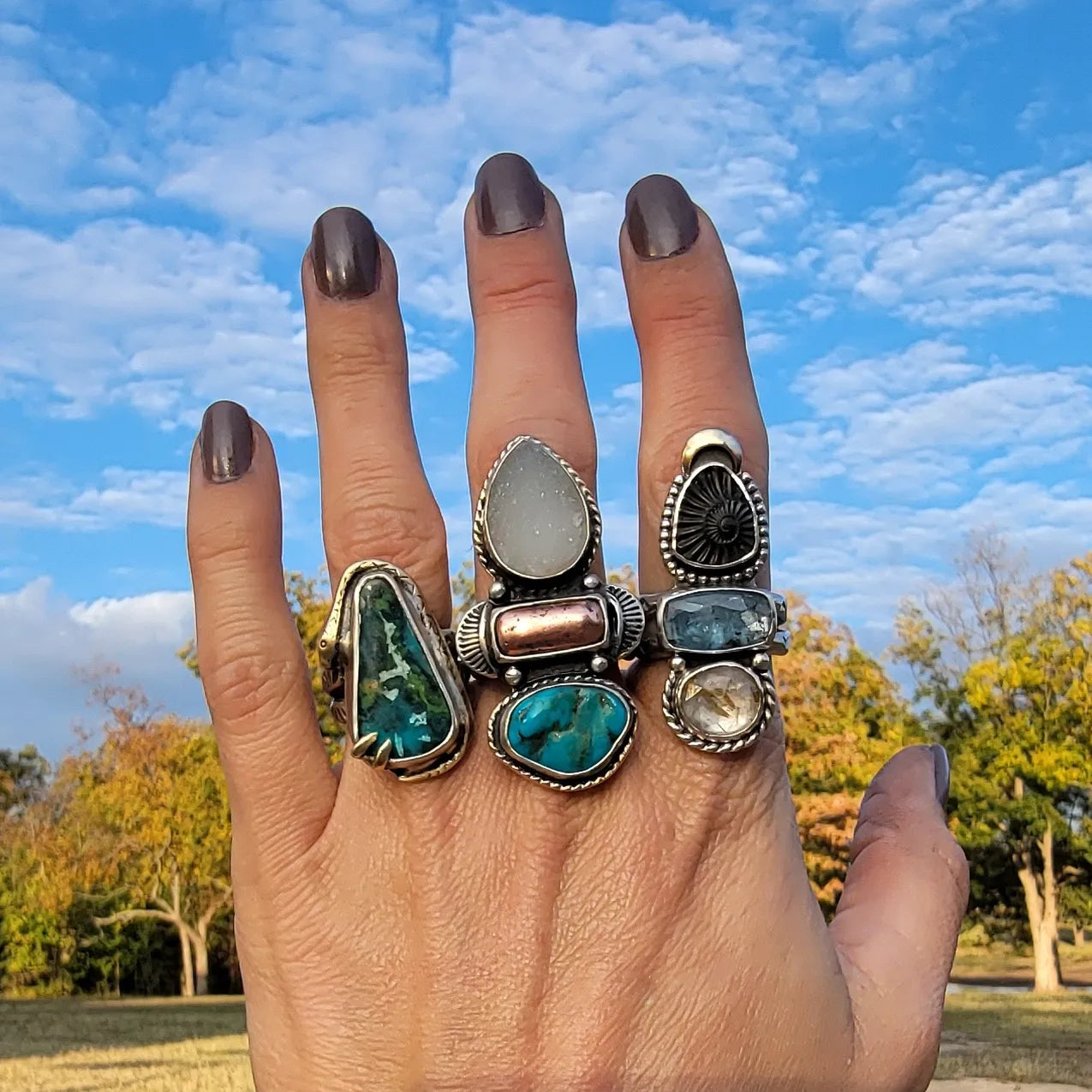 Pilot Mountain Turquoise and Wide Double Stamped Band Ring sz 6.5