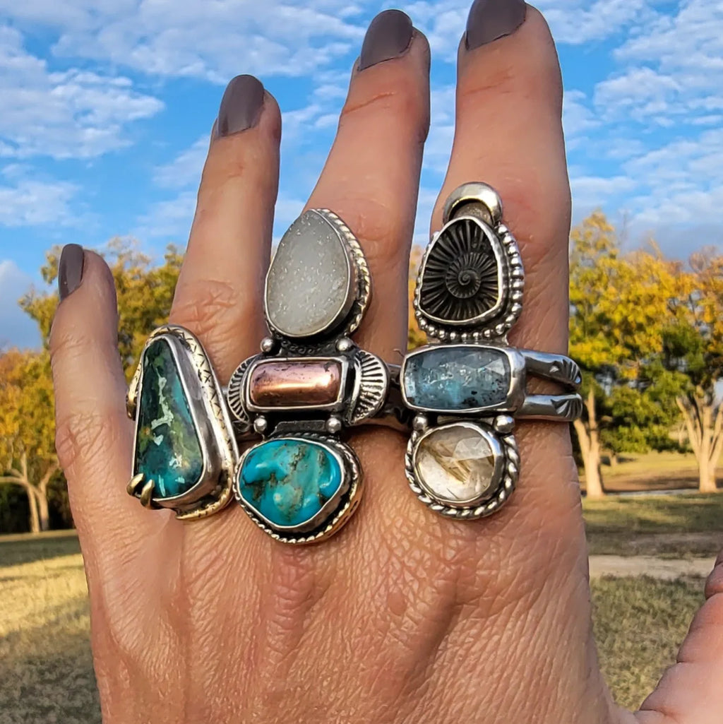 Pilot Mountain Turquoise and Wide Double Stamped Band Ring sz 6.5