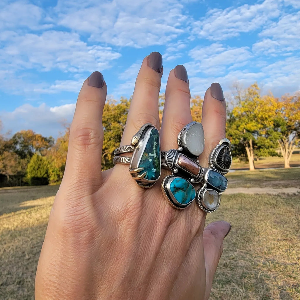Pilot Mountain Turquoise and Wide Double Stamped Band Ring sz 6.5