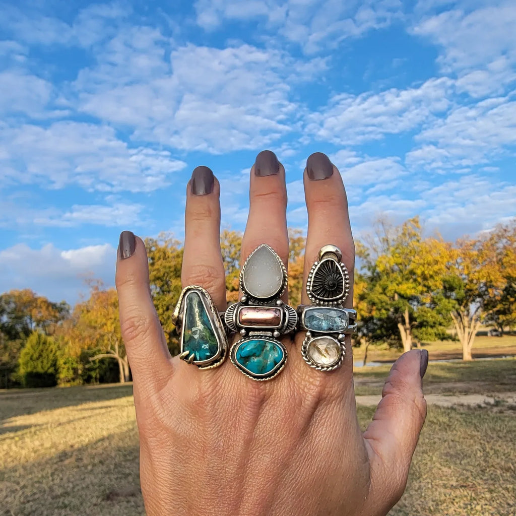 Pilot Mountain Turquoise and Wide Double Stamped Band Ring sz 6.5
